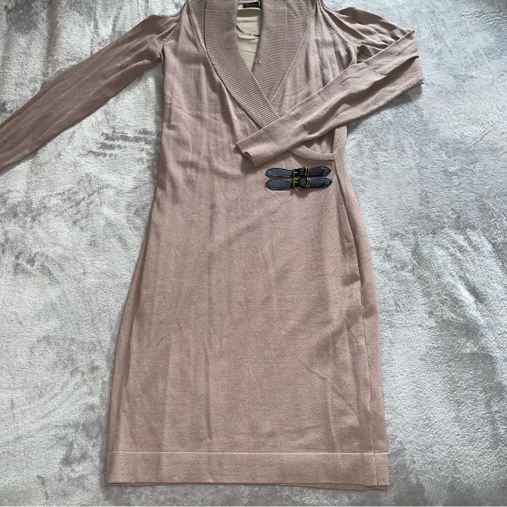 BPC collection light brown long sleeve open shoulder midi dress